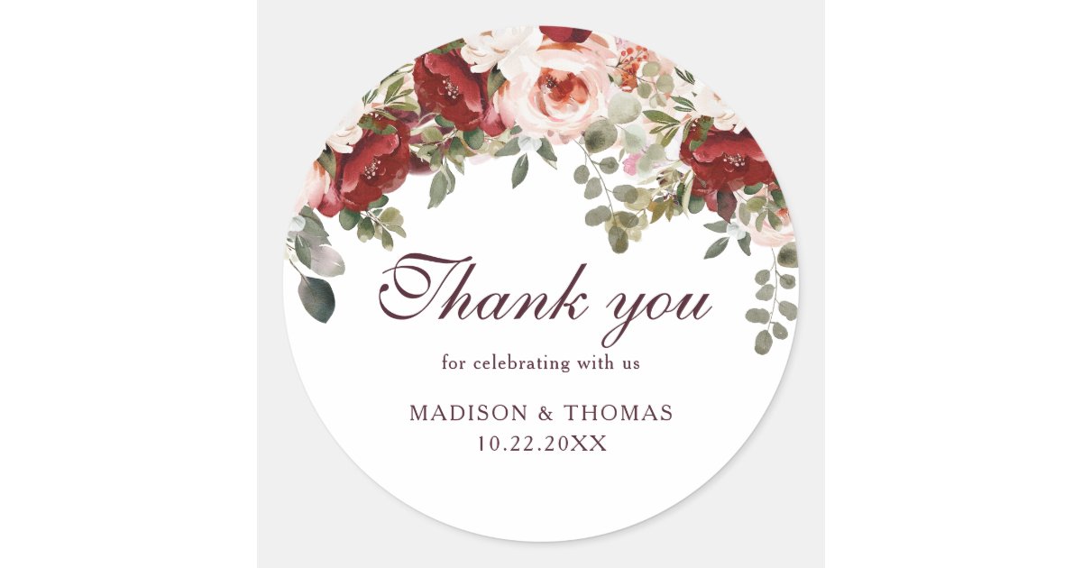 Watercolor Burgundy Red Floral Wedding Thank you Classic Round Sticker ...