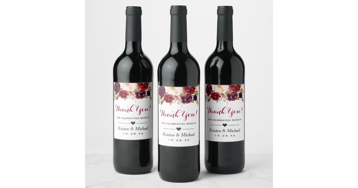 Watercolor Burgundy Red Floral Wedding Thank You Wine Label | Zazzle