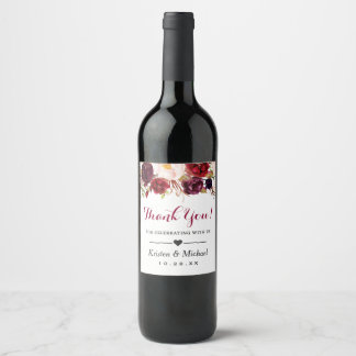 Watercolor Burgundy Red Floral Wedding Thank You Wine Label