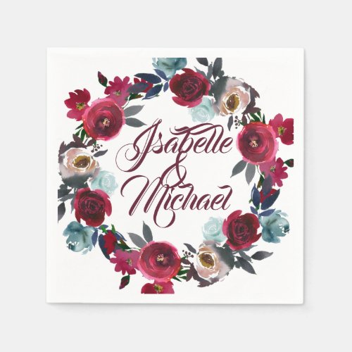 Watercolor Burgundy Red Floral Wreath Wedding Paper Napkins