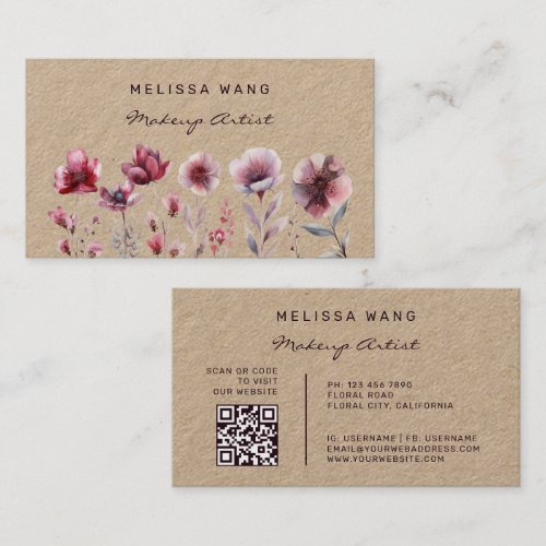 Watercolor Burgundy Red Flowers Rustic Business Card