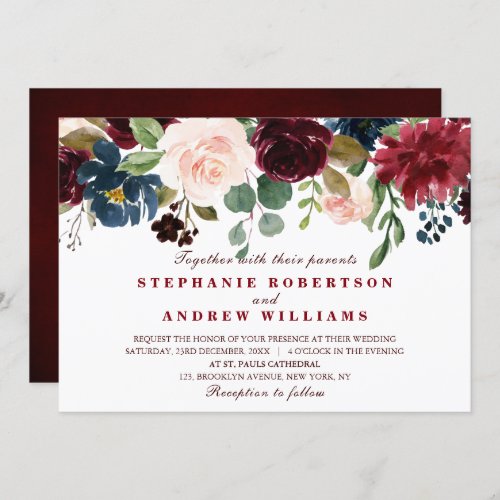 Watercolor Burgundy Red Navy Blue Floral Boho Invitation