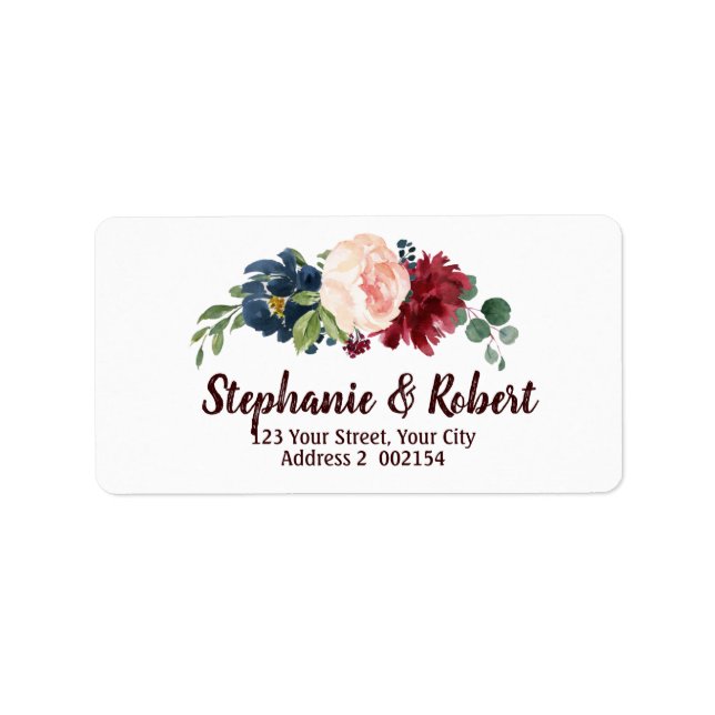 Watercolor Burgundy Red Navy Floral Address label (Front)