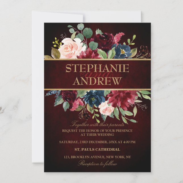 Watercolor Burgundy Red Navy Floral Rustic Boho Invitation (Front)