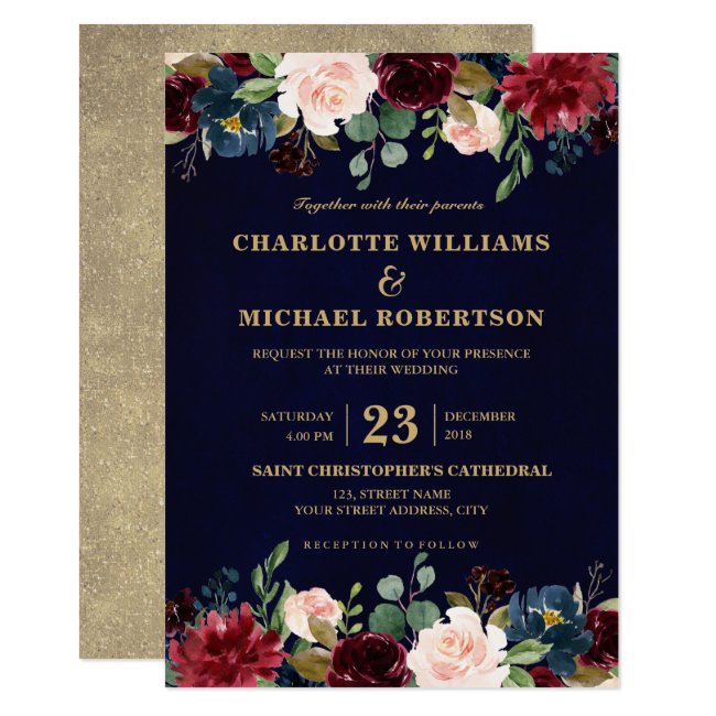Watercolor Burgundy Red Navy Floral Rustic Boho Invitation