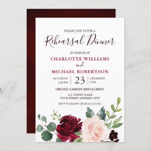 Watercolor Burgundy Red Navy Floral Rustic Boho Invitation