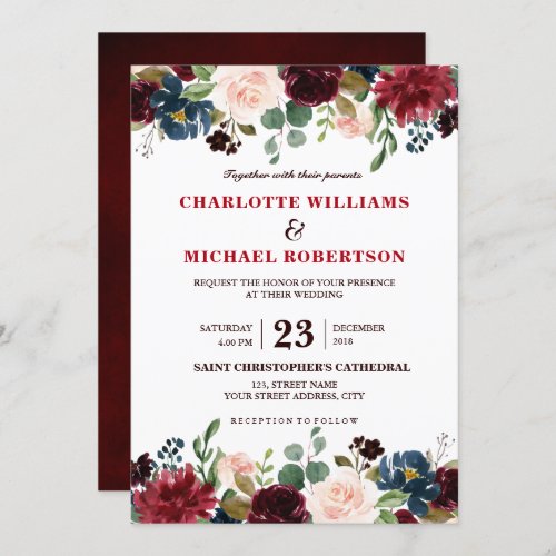 Watercolor Burgundy Red Navy Floral Rustic Boho Invitation