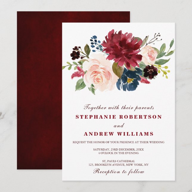 Watercolor Burgundy Red Navy Floral Rustic Boho Invitation (Front/Back)