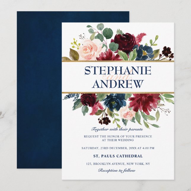 Watercolor Burgundy Red Navy Floral Rustic Boho Invitation (Front/Back)