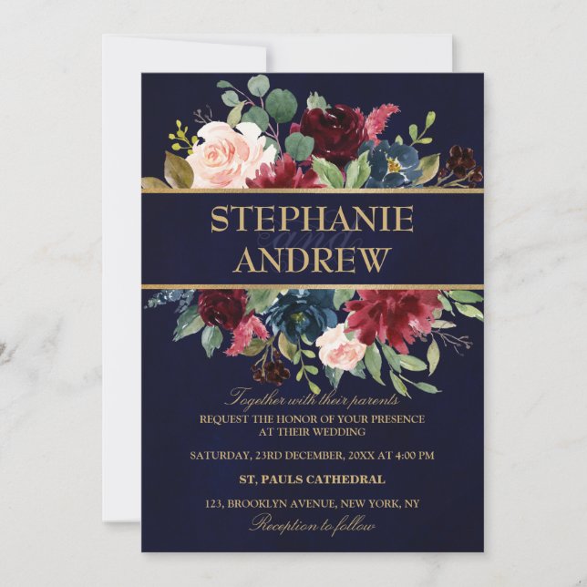 Watercolor Burgundy Red Navy Floral Rustic Boho Invitation (Front)