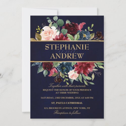 Watercolor Burgundy Red Navy Floral Rustic Boho Invitation