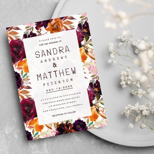 Watercolor burgundy red orange pink Autumn Wedding Invitation