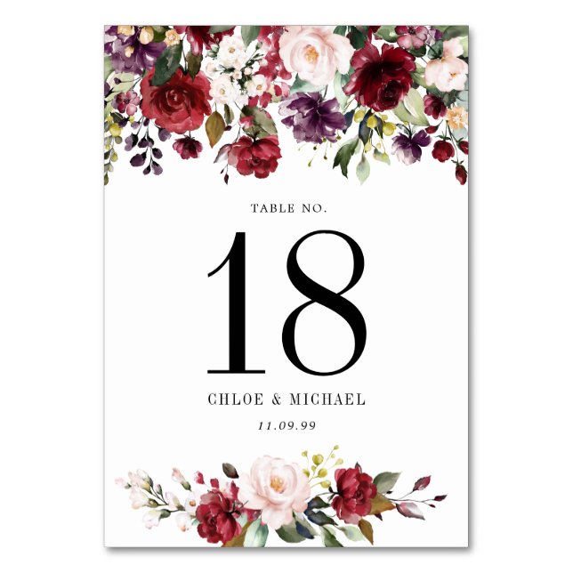 Watercolor Burgundy Red Pink Personalized Table Number (Front)