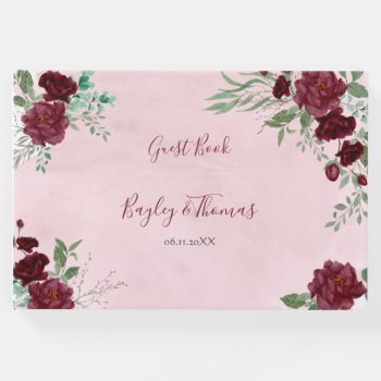 Watercolor Burgundy Red Rose Wedding Guest Book by starstreamdesign at Zazzle