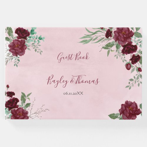 Watercolor Burgundy Red Rose Wedding Guest Book