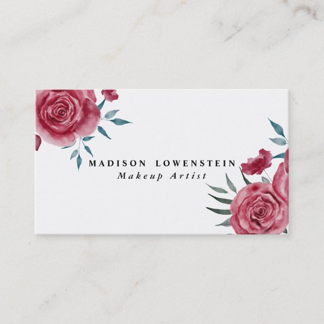 Watercolor Burgundy Red Roses Floral Business Card (Front)