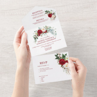 Watercolor Burgundy Red & White Roses All In One I Invitation