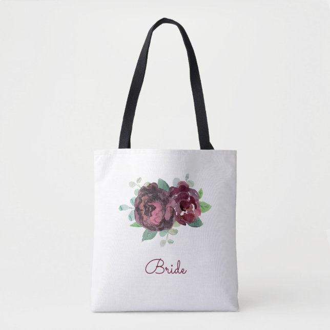 Watercolor Burgundy Rose Tote Bag (Front)