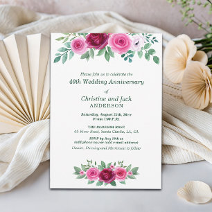 Watercolor Burgundy Roses 40th Wedding Anniversary Invitation