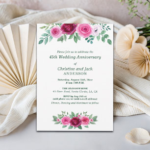 Watercolor Burgundy Roses 45th Wedding Anniversary Invitation