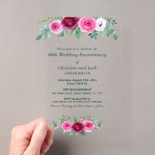 Watercolor Burgundy Roses 60th Wedding Anniversary Acrylic Invitations
