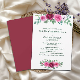 Watercolor Burgundy Roses 65th Wedding Anniversary Invitation