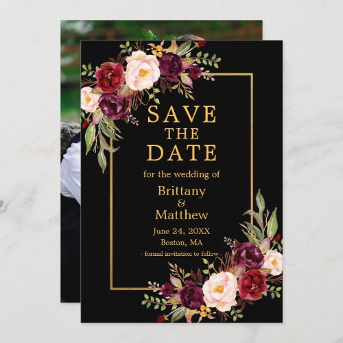 Watercolor Burgundy Roses Black Gold Frame Photo  Save The Date