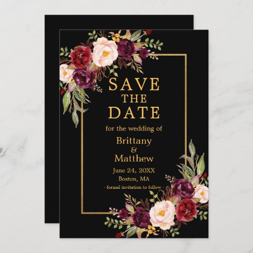 Watercolor Burgundy Roses Black Gold Frame Save The Date