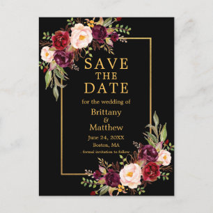 Watercolor Burgundy Roses Black Gold Save the Date Postcard