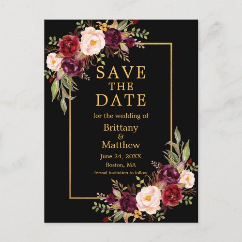 Watercolor Burgundy Roses Black Gold Save the Date Postcard
