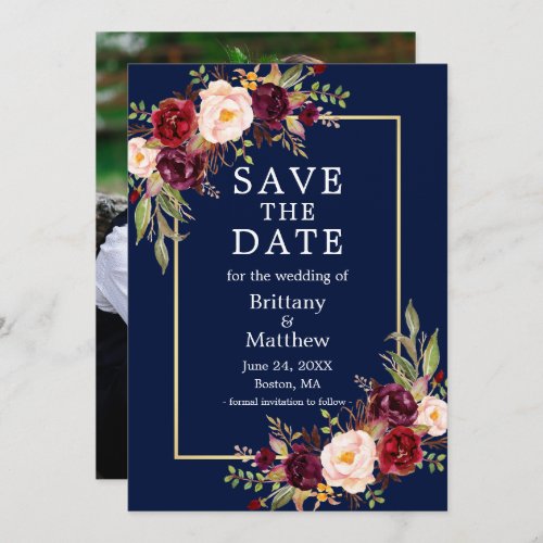 Watercolor Burgundy Roses Blue Gold Frame Photo Save The Date