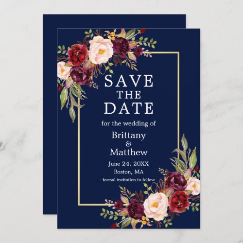 Watercolor Burgundy Roses Blue Gold Frame Save The Date