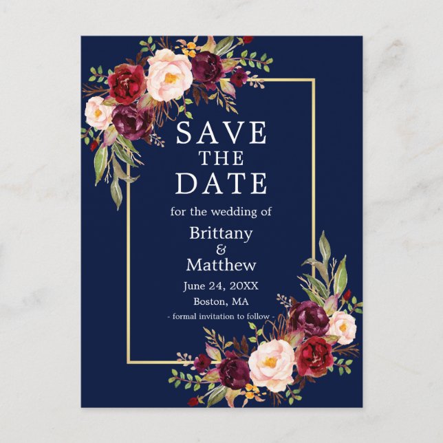 Watercolor Burgundy Roses Blue Gold Save the Date Postcard (Front)