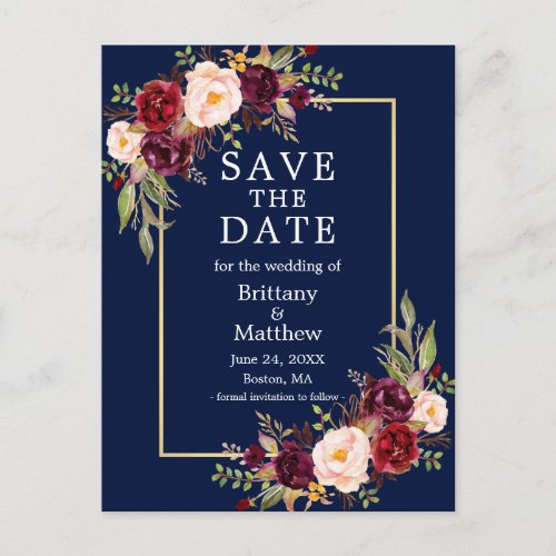 Watercolor Burgundy Roses Blue Gold Save the Date Postcard