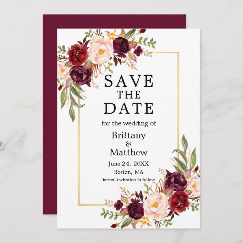 Watercolor Burgundy Roses Floral Gold Frame Save The Date