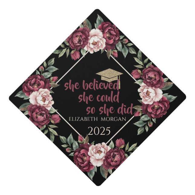 Watercolor Burgundy Roses Glitter Graduate Cap (Front)