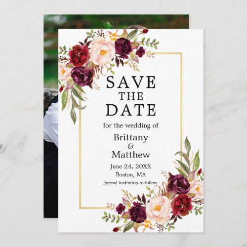 Watercolor Burgundy Roses Gold Frame Photo Save The Date