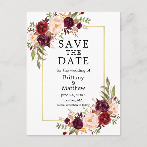 Watercolor Burgundy Roses Gold Frame Save the Date Postcard