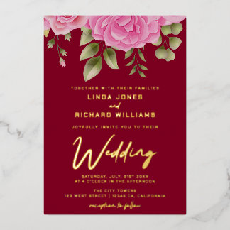 Watercolor Burgundy Roses Wedding Foil Invitation