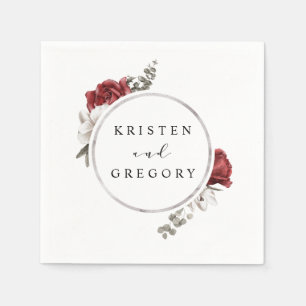 watercolor burgundy silver floral monogram wedding napkins