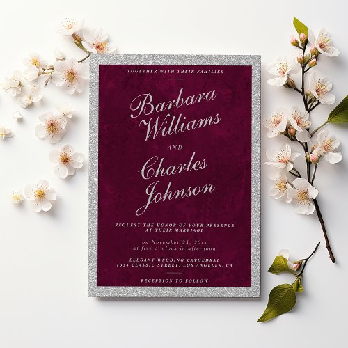 Watercolor burgundy silver glitter luxury wedding  invitation