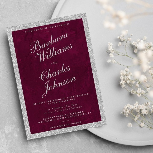 Watercolor burgundy silver glitter luxury wedding  invitation (Watercolor burgundy silver glitter luxury wedding )