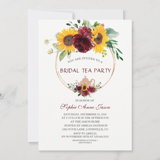 Watercolor Burgundy Sunflower Bridal Tea Party Invitation (Front)