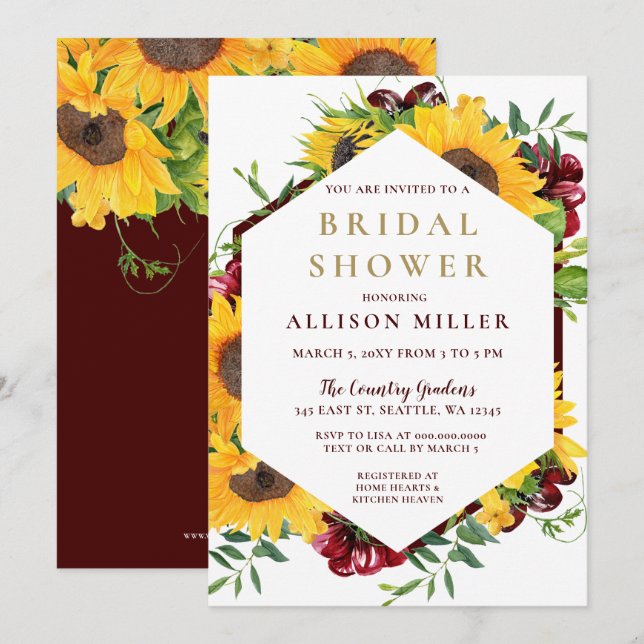 Watercolor Burgundy Sunflower Rustic Bridal Shower Invitation (Front/Back)