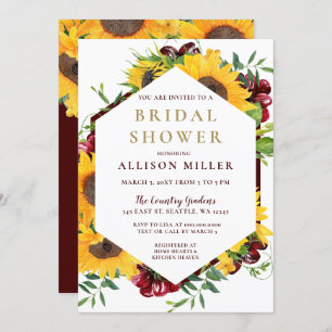 Watercolor Burgundy Sunflower Rustic Bridal Shower Invitation