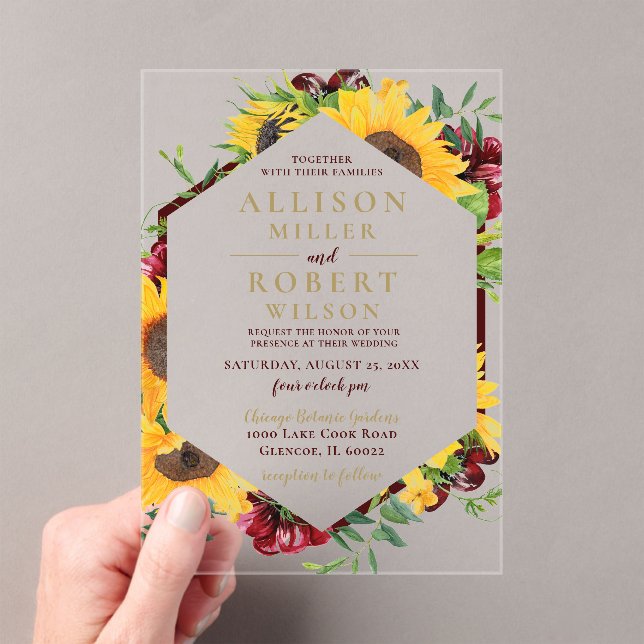 Watercolor Burgundy Sunflower Rustic Wedding Acrylic Invitations (Insitu (Handheld))