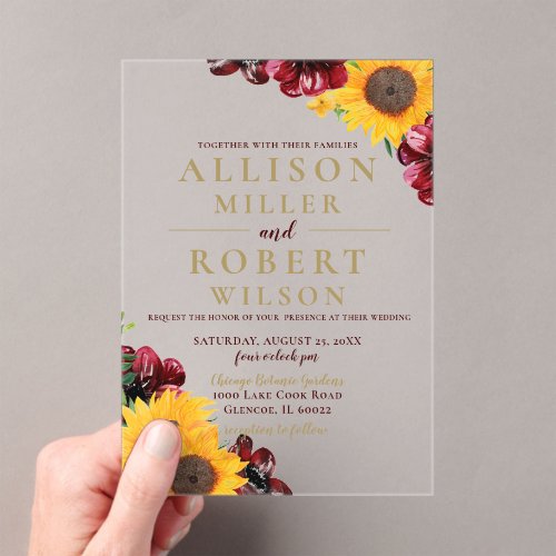 Watercolor Burgundy Sunflower Rustic Wedding Acrylic Invitations