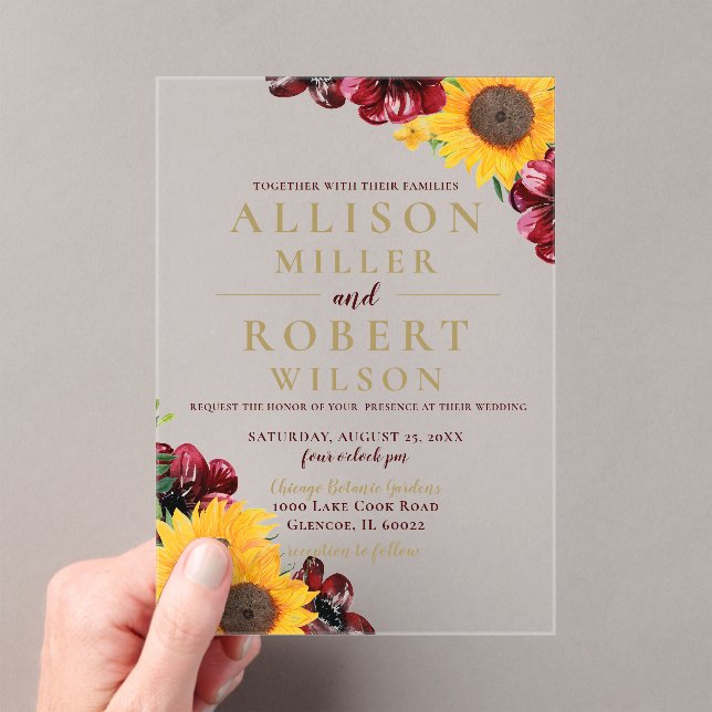 Watercolor Burgundy Sunflower Rustic Wedding Acrylic Invitations (Insitu (Handheld))