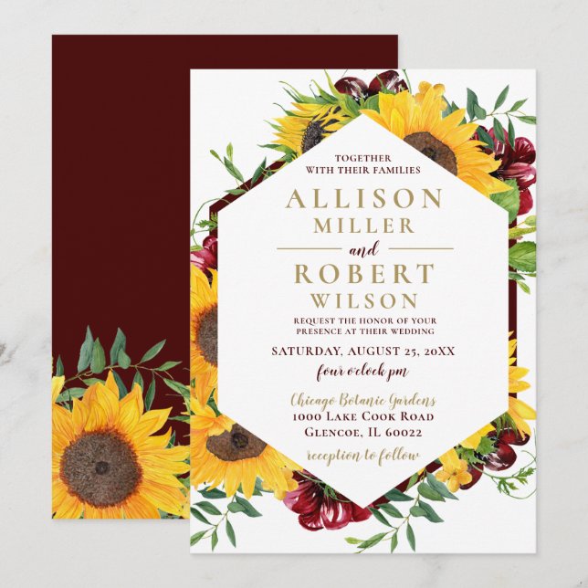 Watercolor Burgundy Sunflower Rustic Wedding Invitation (Front/Back)