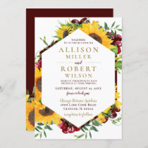 Watercolor Burgundy Sunflower Rustic Wedding Invitation